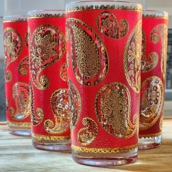 Set/5 mid-century modern Culver barware highball glasses in red & gold paisley - Picture 8 of 8